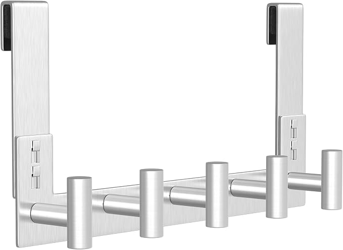 PMMASTO 7.5 Inch Hanger for 3/8 Inch Glass, Silver- 5 Hooks, T Shape | Stainless Steel Hooks Organize Towels And Robes on Frameless Glass Shower Doors in Bathrooms