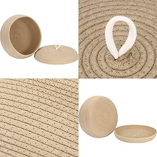 Sea Team Round Woven Cotton Rope Storage Basket with Lid, Khaki | Lidded Knitted Decorative Storage Bin, Pot, Caddy, Organizer, Container for Snacks, Towels, Plants, 13 x 5.5 Inches
