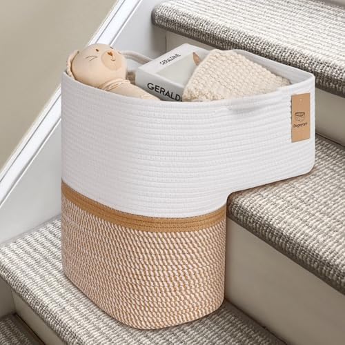 Woven Stair Basket, Stair Baskets for Wooden Stairs, Carpeted Stairs Storage Basket with Handles, Staircase Baskets for Toys, Books, Yellow, 15” L x 10” W x 15” H