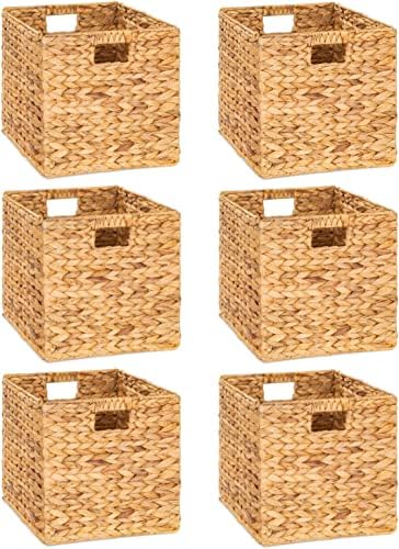 M4DECOR 10.5 x 10.5in Wicker Storage Baskets for Shelves, Water Hyacinth Storage Baskets, Woven Baskets for Storage, Wicker Storage Basket for Bedroom, Living Room (6 Packs 10.5x10.5in)