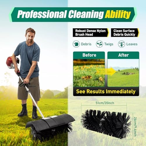 Portable Held Gas Power Broom 52cc Gasoline 2 Stroke Engine Power Snow Sweeping Broom Cleaner Tools for Cleaning Driveway Turf Lawns Artificial Grass