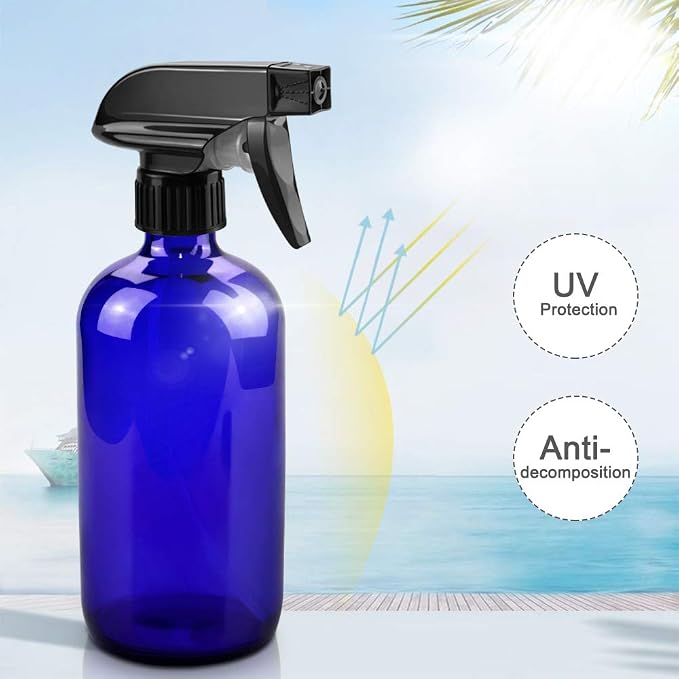 Glass Spray Bottles for Cleaning - 16 oz Refillable Spray Bottles for Hair | Blue Glass, Adjustable Nozzle, Refillable Container, Leak-proof, Spray Bottles for Hair, Cleaning Solutions, Plants, 1 Pack