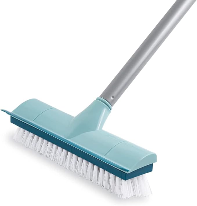 BOOMJOY Floor Scrub Brush with Long Handle, 2 in 1 Scrape and Brush, Stiff Bristles for Cleaning Bathroom, Patio, Garage, Kitchen, Deck, Tile, Blue