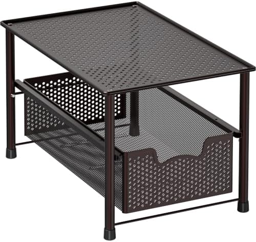 Simple Houseware Stackable Under Sink Sliding Basket Drawer, Brown | Perforated Free Standing Organizer, Kitchen/Pantry/Cabinet/Counter