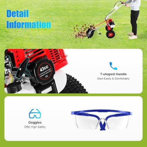 Handheld Lawn Sweeper, 43CC 1.7HP 2 Stroke Gas Power Push Sweeper Gasoline Walk Behind Snow Lawn Sweeper Brush Broom Sweeping Machine for Garden Yard Sidewalk Driveway Turf Grass Cleaning Tool