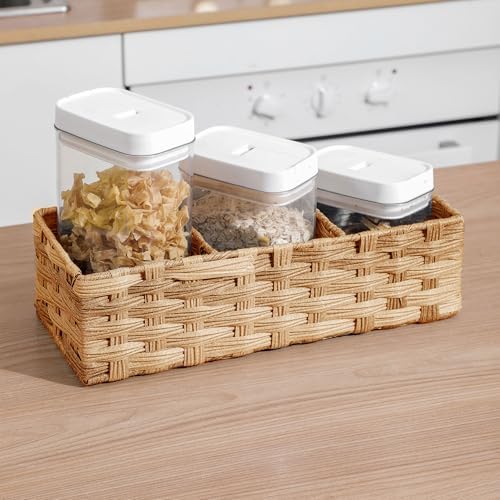 Toilet Tank Topper Paper Basket Multiuse Hand Woven Plastic Wicker Basket Bins with Divider for Shelves Rustic Farmhouse Bathroom Decor Countertop Light yellow