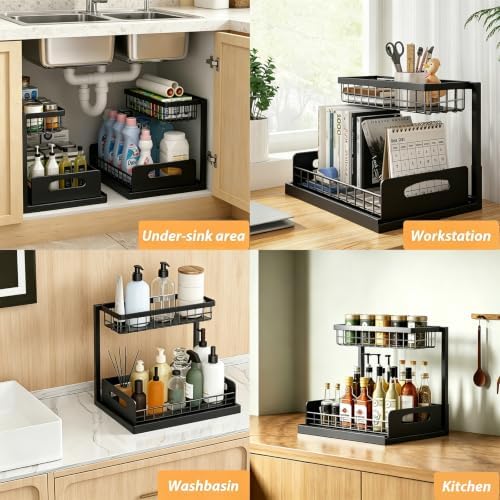 2 Pack Upgraded Under Sink Organizer, 2 Tier Pull out Kitchen Cabinet Organizer Metal Slide out Bathroom Organizers and Storage Makeup Drawer Organizer for Office Bedroom Restroom Living Room, L-Black