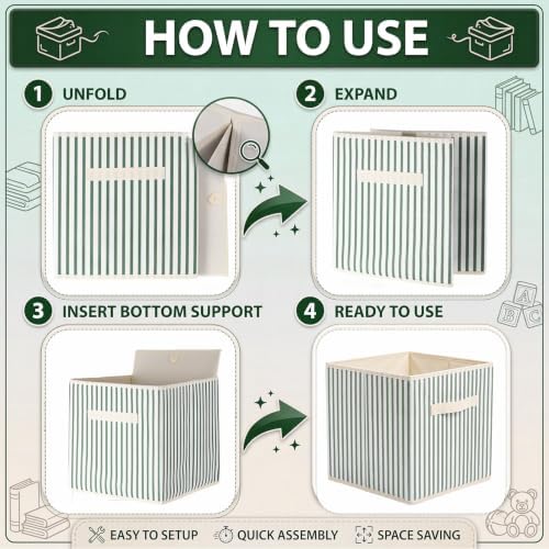Amyhill 6 Pack Green Striped Basics Collapsible Fabric Storage Bins | with Handles, Foldable Storage Cubes, 11 Inch, Closet Decorative Organizer, Baskets for Shelves Units, Home, Dorm