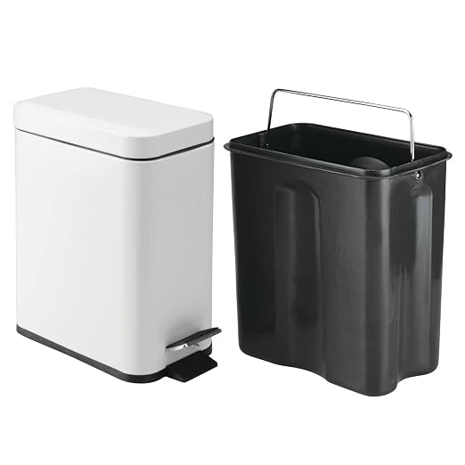 mDesign Metal Freestanding Slim Toilet Bowl Brush and Holder + Rectangle Narrow 5 Liter / 1.3 Gallon Step Pedal Trash Can Wastebasket for Bathroom - Small, Compact Design - Set of 2 - White