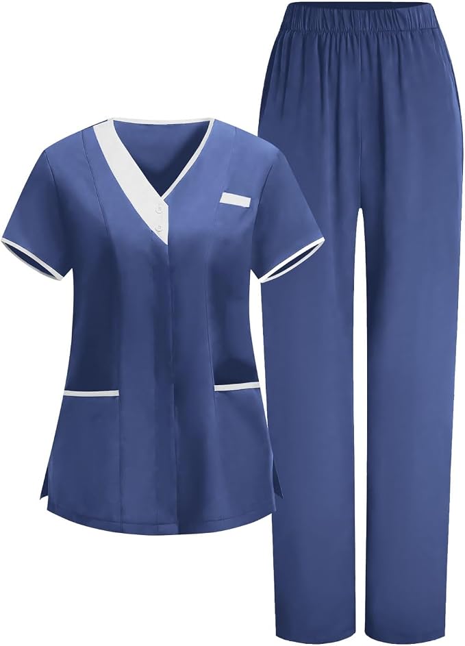 2026 Housekeeping Uniform Cleaning Uniforms - Button V Neck Top & Pants with Multi Pockets - Scrubs for Women