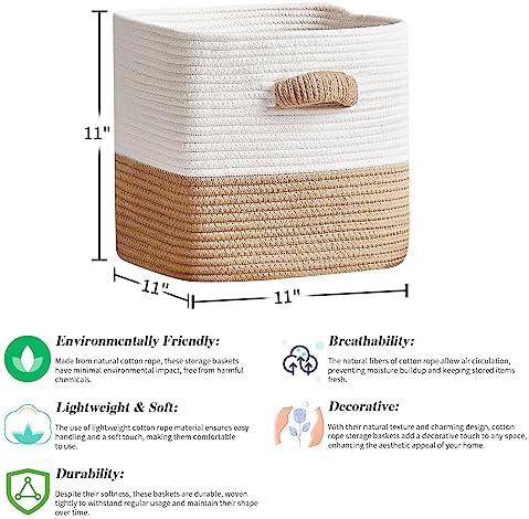 R RUNKA Storage Cube Baskets for Organizing -3 Pack -11 inch Square Baskets for Cube Storage, Closet Storage Bins-Woven Cube Storage Bins for Shelves- Ideal for Toy Storage |White & Khaki