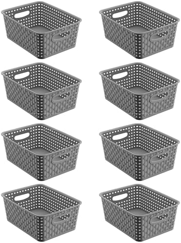 8 Pack Gray Storage Baskets, Plastic Woven Organizer Baskets, Stackable Shelf Baskets for Closet, Pantry, Bathroom & Laundry Room