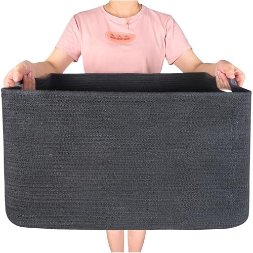 MINTWOOD Design 22in Extra Large Blanket Basket Holder Living Room, Rectangle Rope Woven Storage Basket with Handles for Laundry, Pool Towels, and Shoes, Dog Toy Organizer Bin Box, Charcoal