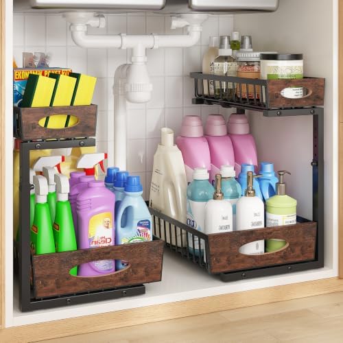 2-Tier Under Sink Organizer with Wooden Drawer Handle, 2 Pack Adjustable Height Pull Out Cabinet Organizer Shelf,Slide out Storage Drawer Rack for Kitchen Bathroom Laundry Room Pantry (Black)