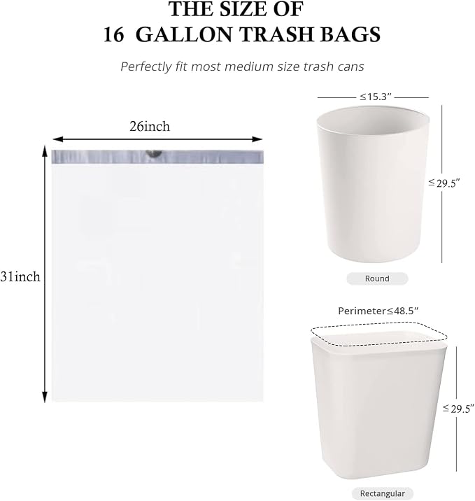 Ultra thick heavy duty Plastic 16 gallon drawstring trash bags | no tear open white ‎lavender scent Plastic garbage bags for household kitchen bedroom bathroom living room office restaurant