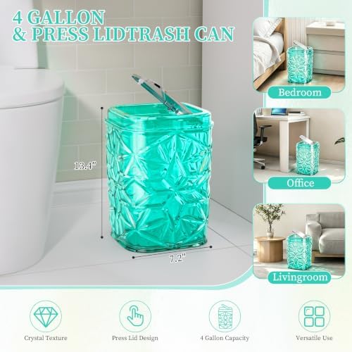 2-Piece Snowflake-Textured Acrylic Trash Can Set with 150 Drawstring Bags, 4 Gallon Sliver Press-Lid Wastebasket and Small Open-Top Desktop Bin for Bathroom, Bedroom,