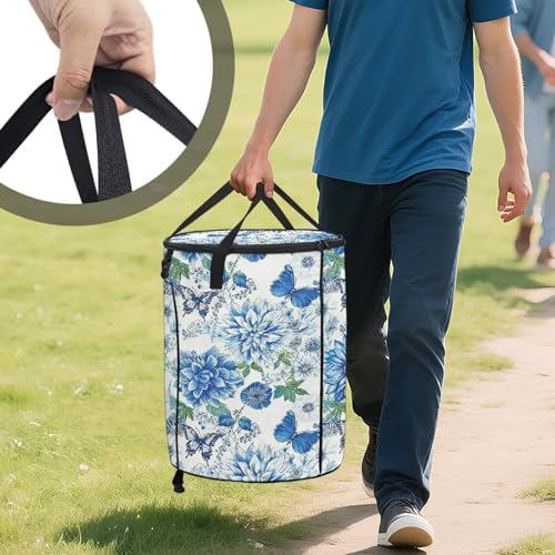 doginthehole Blue Floral Butterfly Collapsible Trash Can with Lid 20 Gallons Outdoor Waste Basket Bin Waterproof Garbage Cans Recycling Trash Can for Camping Beach Travel Yard Home Decorations