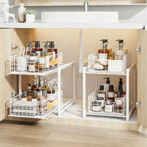 Under Sink Organizer, White 2-Tier Pull Out Cabinet Organizer | Kitchen Bathroom Organizer and Storage, Spice Rack for Kitchen, Multi-use Sliding Drawers Shelves, 2 Pack