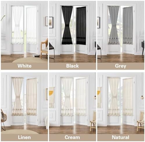 2 Pieces French Door Curtain Linen W35 x L72 Dual Rod Pocket Privacy | Semi Sheer Light Filtering Curtains, for Kitchen Dining Room, French Door, with Tieback, Light Coffee, Farmhouse Rustic