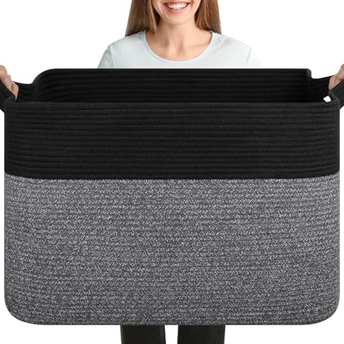 OIASKET 108L Cotton Rope Storage Basket for Living Room and Bedroom 25"x16"x16" Woven Laundry Basket, Heavy Duty Bin for Blankets, Pillows & Toys, Pet-Safe & Scratch-Free, Black