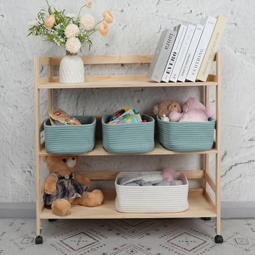 XUANGUO Small Woven Storage Baskets for Shelves, 12" x 8" x 5", Green | Decorative rope storage bins for closets and toy storage; cute organizer baskets, empty gift baskets and nursery storage.