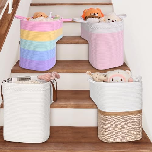 Stair Basket for Wooden & Carpeted Stairs, Foldable Cotton Rope Step Basket with Handles, Staircase Storage Organizer, Fog Grey, 15" Lx 10" W x 15" H