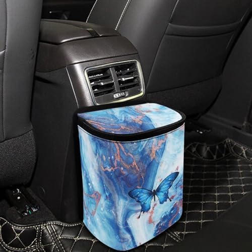 Blue Butterfly Marble Print Trash Can for Car Leakproof Garbage with Lid and Zipper Trash Bin Hanging Back of Seat Auto Interior Accessories Universal Fit Most Truck SUV Van