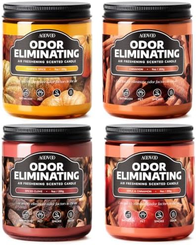 AOOVOO 4 Pack Odor Eliminating Fall Candle Set - Air Freshing Soy Candle | Eliminates 95% of Pet, Smoke, Food, and Other Smells Quickly, Non Toxic, Pumpkin Spice/Apple Cinnamon/Spiced Clove /Cinnamon
