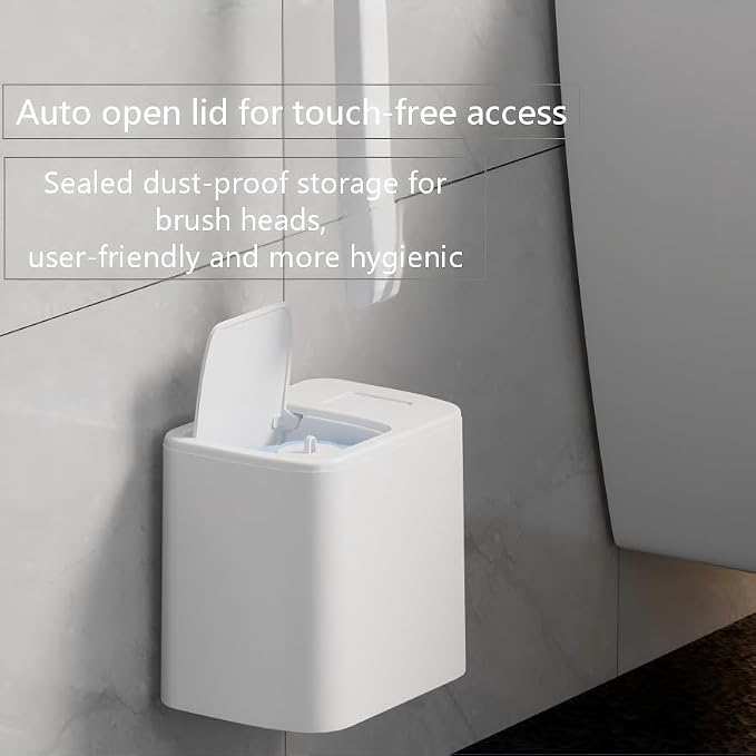 Disposable Toilet Brush with Holder, Wall Mounted Hygienic Cleaner | Auto Open Lid, Preloaded Cleaning Liquid, Sponge Brush Heads, Dust-Proof Storage, Touch-Free Access