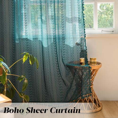 Sutuo Home Boho Curtains 96 inches Long for Bedroom Living Room Nursery Room, Crochet Lace Sheer Bohemian Hollow with Tassels,Window Treatment Drapes, Rod Pocket 1 Panel 59" W x 96" L, Turquoise