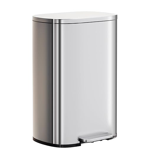 PayLessHere | 13G Trash Can with Lid | Steel | Removable Inner Bucket | Made of Stainless Steel | Soft-Close Step Pedal | Hands-Free Use | Easy to Clean | for Kitchen, Office, Bathroom