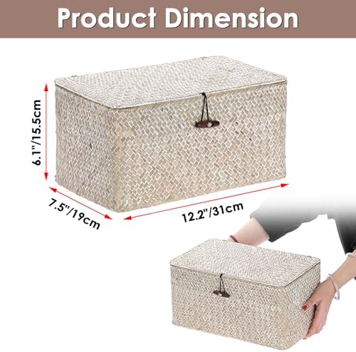 Sumnacon Wicker Basket with Lid,Tampon Holder for Bathroom,Whitewash,Medium | Natural Seagrass Female Product Organizer for Toiletries Pad Tampon Storage,Farmhouse Woven Baskets for Shelf, Toilet Tank