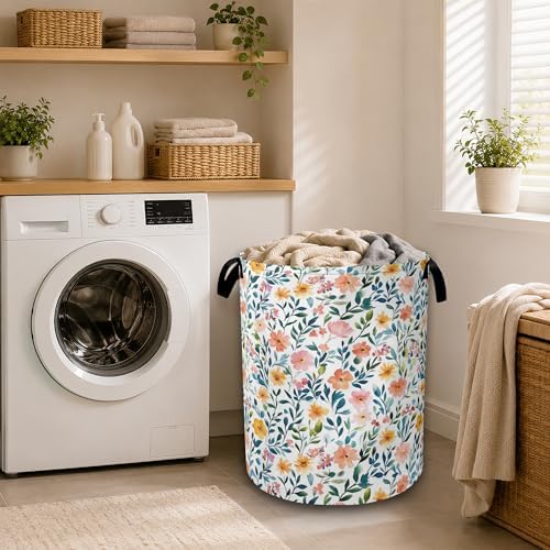 Vibrant Summer Floral Laundry Basket with Handles, Waterproof Foldable Laundry Hamper, Large Capacity Oxford Cloth Clothes Storage Basket for Bathroom Bedroom Dorm