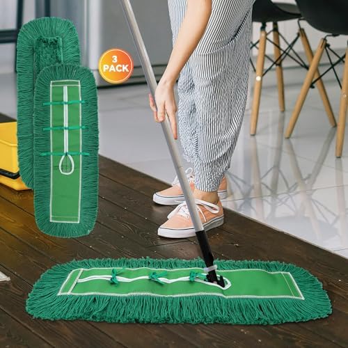 36 Inch Dust Mop Head: Replacement Medium Washable Commercial Mop Head Sweeper and Janitorial Replacement Green (Green - 36 Inch, 3 Pack)