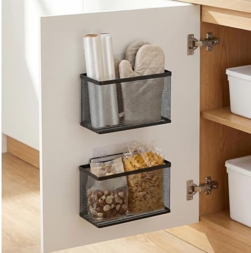 Adhesive Cabinet Door Organizer, 2 Pack Metal Baskets for Kitchen | No-Drill Wall Mounted, Holds Up to 8.8 lbs, for Pantry, Under Sink, Laundry Room & Bathroom Space Saving Storage Caddy