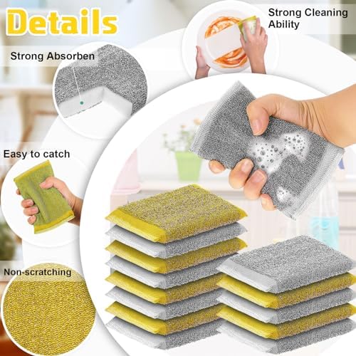 Thyle 24 Pack Steel Wool Scrubber Kitchen Sponges, Heavy Duty Non Scratch Metal Sponges, Reusable Cleaning Scrub Pads for Dishes, Pots, Pans, Sink and Tough Hard Stains (Gray,Yellow)