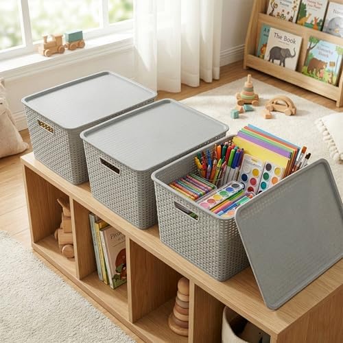 BINO | Plastic Storage Baskets with Lids, 45 Liter - 3 Pack, Natural Grey | THE WOVEN COLLECTION | Storage Basket for Shelves | Woven Storage Baskets for Organizing Bins | Pantry Shelf Organizer Bin