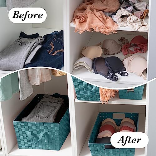 Simplify Small Shelf Woven Strap Tote | Decorative Storage Basket | Built in Handles | Organization | Closet | Bedroom | Bathroom | Nursery | Accessories | Toys | Gifts | 4 Pack | Sapphire