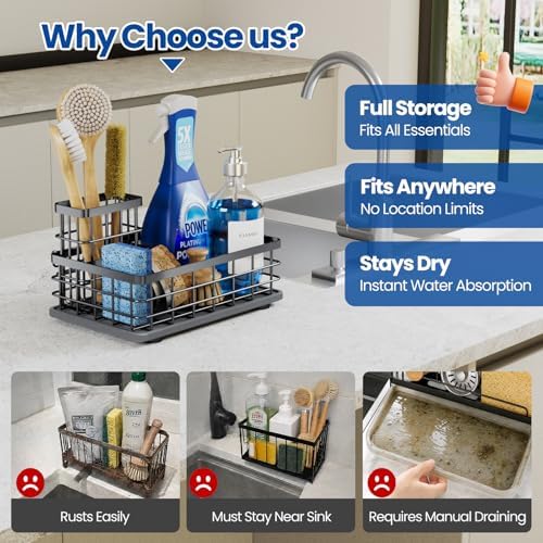 Kitchen Sink Organizer, Large Sink Caddy with Sponge Holder & Diatomite Mat | Cleaning Supplies in One Place, Kitchen Countertop Organizer, Home Essentials, Brush Holder, Quick Dry Tray, Fewer Puddles