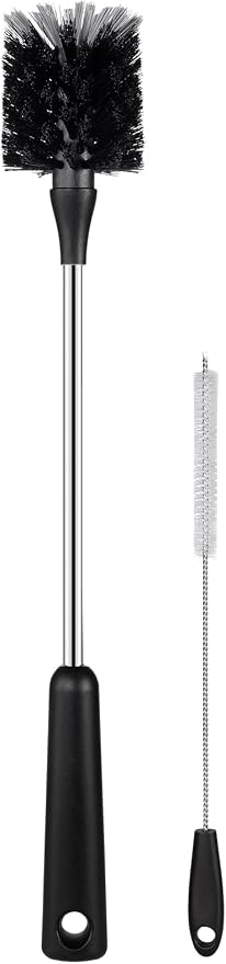 Water Bottle Brush with Straw Cleaner, 15 Inches Stainless Steel Handle Baby Bottle Brush Cleaner, Kitchen Scrub Cleaning Brushes for Cup, Wine Glasses, Coffee Mugs, Tumblers, Wine Decanters, Black