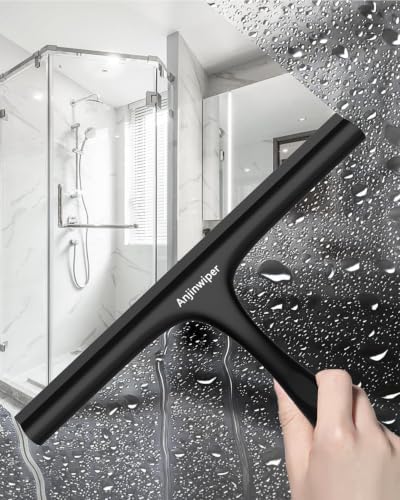 Shower Squeegee for Glass Doors, 10 in Squeegee for Shower with Hook, Black | Rust-Proof, Streak Free, Ergonomic Grip, Silicone Shower Glass Squeegee for Tile Walls, Window, Mirror, Car, Bathroom Cleaner