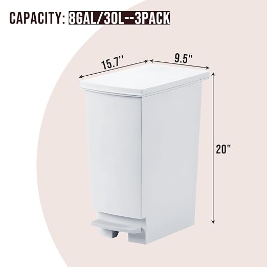 8 Gallon Trash Can With Lid and Foot Pedal, Plastic Slim Kitchen Step On Trash Can, Hands Free Recycling White Kitchen Garbage Can, Odor Block, 9 Inch Wide Trash Bin Fit For Narrow Space, 3Pack