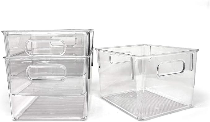 Isaac Jacobs 3-Pack Medium Clear Storage Bins with Handles | Plastic Organizer for Home, Room, Office, Fridge, Kitchen/Pantry Non-Slip Container Set, Food Safe, BPA Free (3-Pack, Medium)
