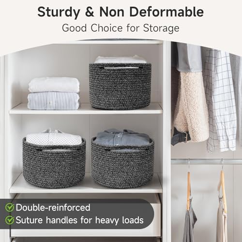 3 Pack Small Rope Storage Baskets, 9.82×9.82×7.1", Black | Cotton Basket for Gifts Empty, Cute Round Woven Basket, Decorative Shelf Basket Organizer, Organizing Basket for Shelves