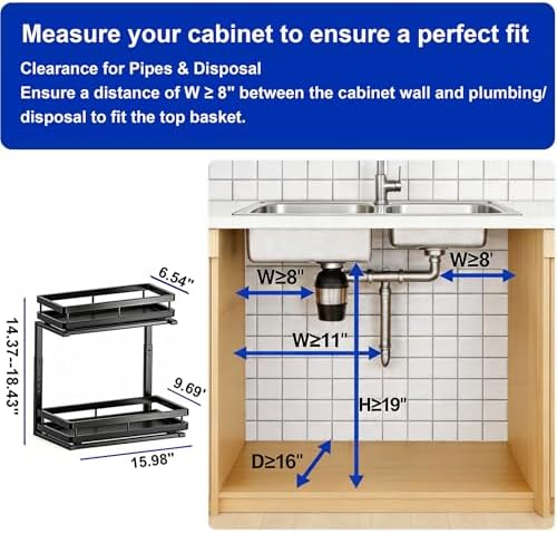 2-Tier Metal L-Shaped Pull-Out Under Sink Organizer, Black, 2 Pack | 2 complete sets; ball-bearing slides; 6-level height; no-drill setup