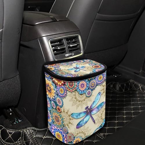 Vibrant Boho Mandala Dragonfly Print Car Trash Can with Lid and Zipper Portable Foldable Garbage Can Hanging for Headrest Leakproof Organizer and Storage Bag Car Accessories