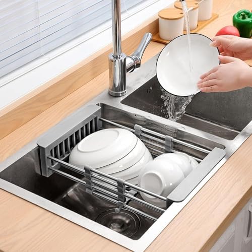 Extend Kitchen Sink Drain Basket,Stainless Steel Retractable Sink Rack,Over Sink Dish Rack,Portable Telescopic Kitchen Sinks Accessories,Extender Basket for Vegetables Fruits and Dishes(Black,Large)