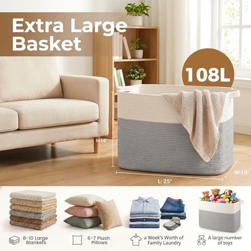 OIASKET 108L Cotton Rope Storage Basket for Living Room and Bedroom 25"x16"x16" Woven Laundry Basket, Heavy Duty Bin for Blankets, Pillows & Toys, Pet-Safe & Scratch-Free, Grey and White