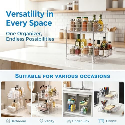 2-Tier bathroom cabinet organizer, bathroom organizers and storage with Adjustable Removable Dividers,Under Sink Organizing,Under Sink and Pull-Out Cabinet Organizer for Kitchen and Pantry Storage