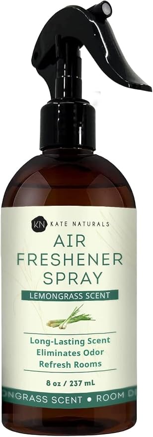 Kate Naturals Lemongrass Air Freshener Spray for Home, 8 fl oz | Pet Safe, Non-Toxic, Essential Oil Odor Eliminator Room Freshener Spray for Pillows, Bedding, Linen
